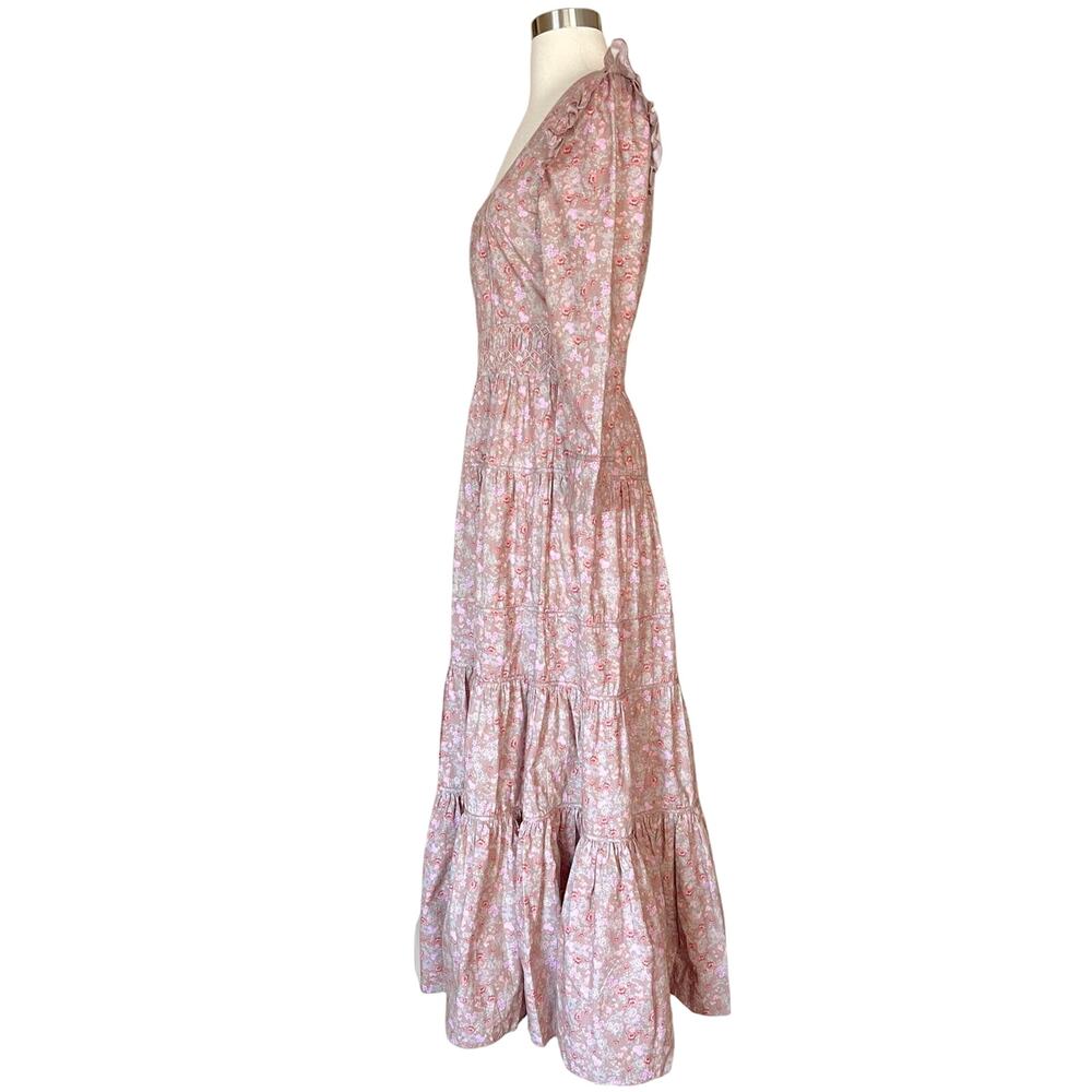 LOVESHACKFANCY Lyna Maxi Dress Tan Garden Cotton Ruffle Floral Pink S 4-6 Sample - Picture 6 of 14